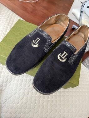 Men's Black Suede Slip-On Loafers with Gold Crest